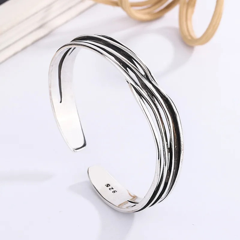 Retro Wave Bracelet 925 Sterling Silver Braided Bangle Geometric Opening Cuff
