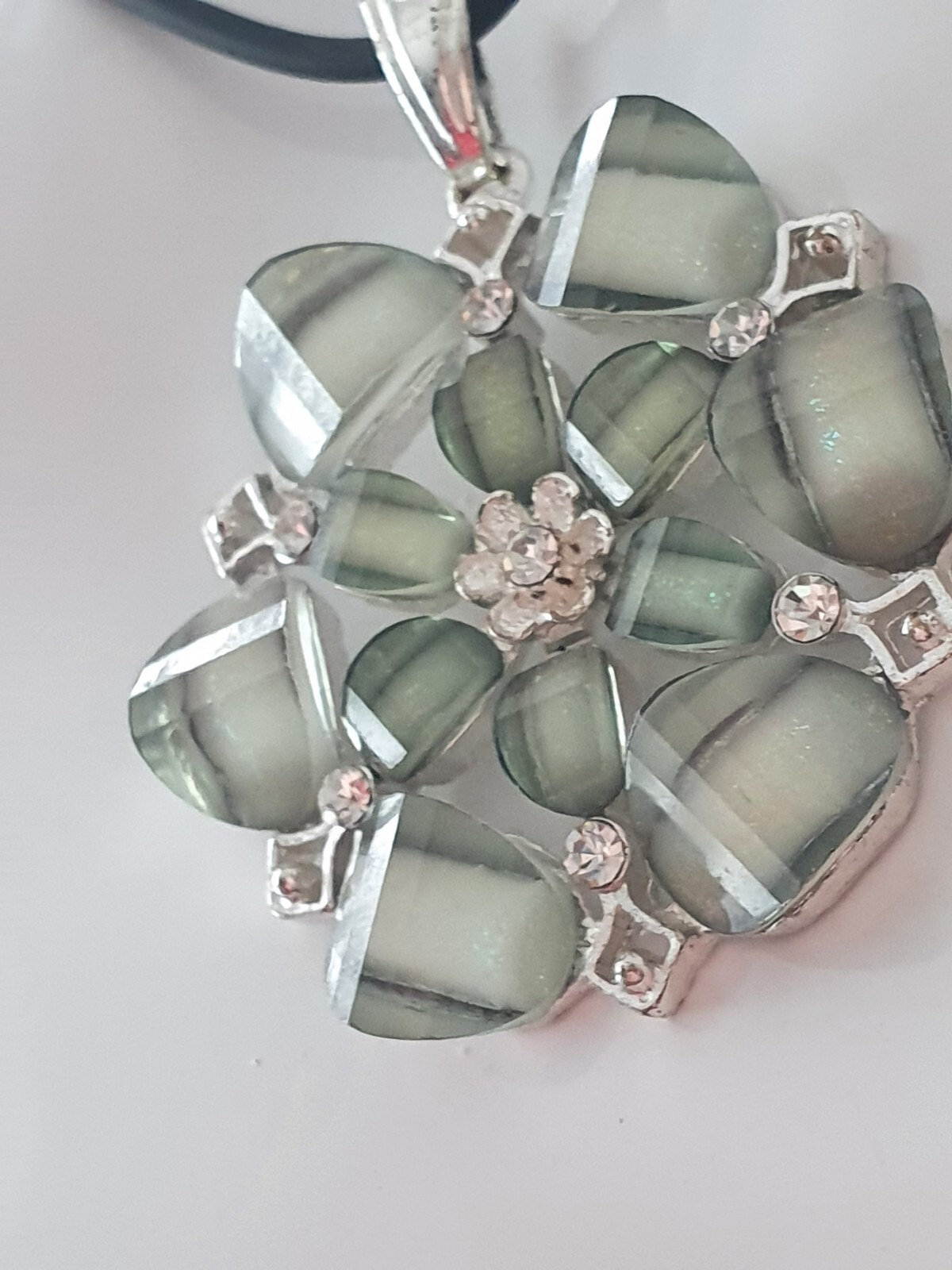 Sparkly Green Floral Clear Rhinestone Sliver Tone Black Cord Pendant Necklace
