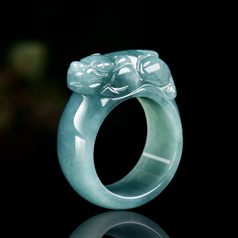 Certified Burma Jadeite Authentic natural A-grade jade blue water Pixiu ring