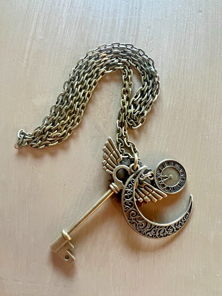 Whimsical Steampunk Charm Necklace Key Wing Clock Pendant Long