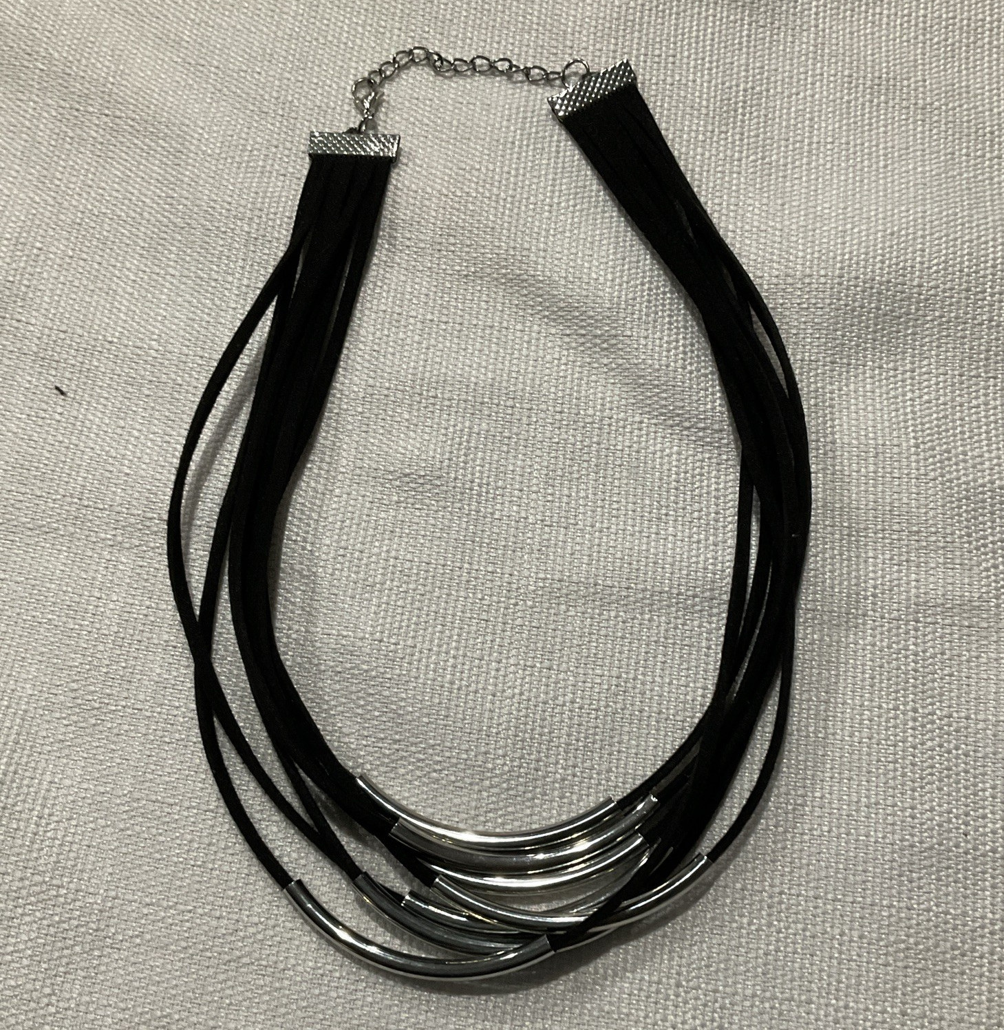 Black Multi-Strand Faux Leather Statement Necklace Silver Rings Adjustable