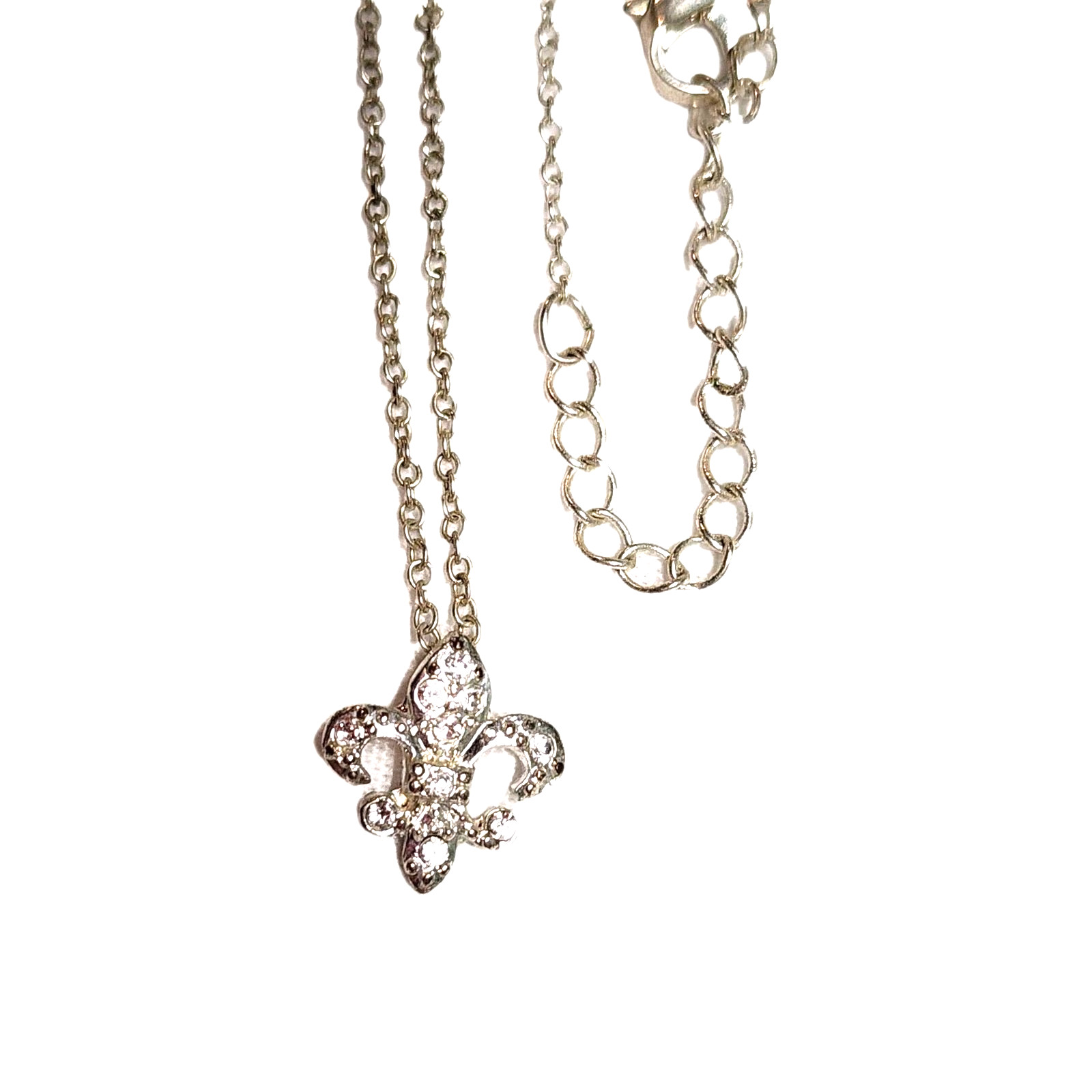 Dainty White Rhinestones & Silver Tone Fleur De Lis Pandant Charm Necklace 18″