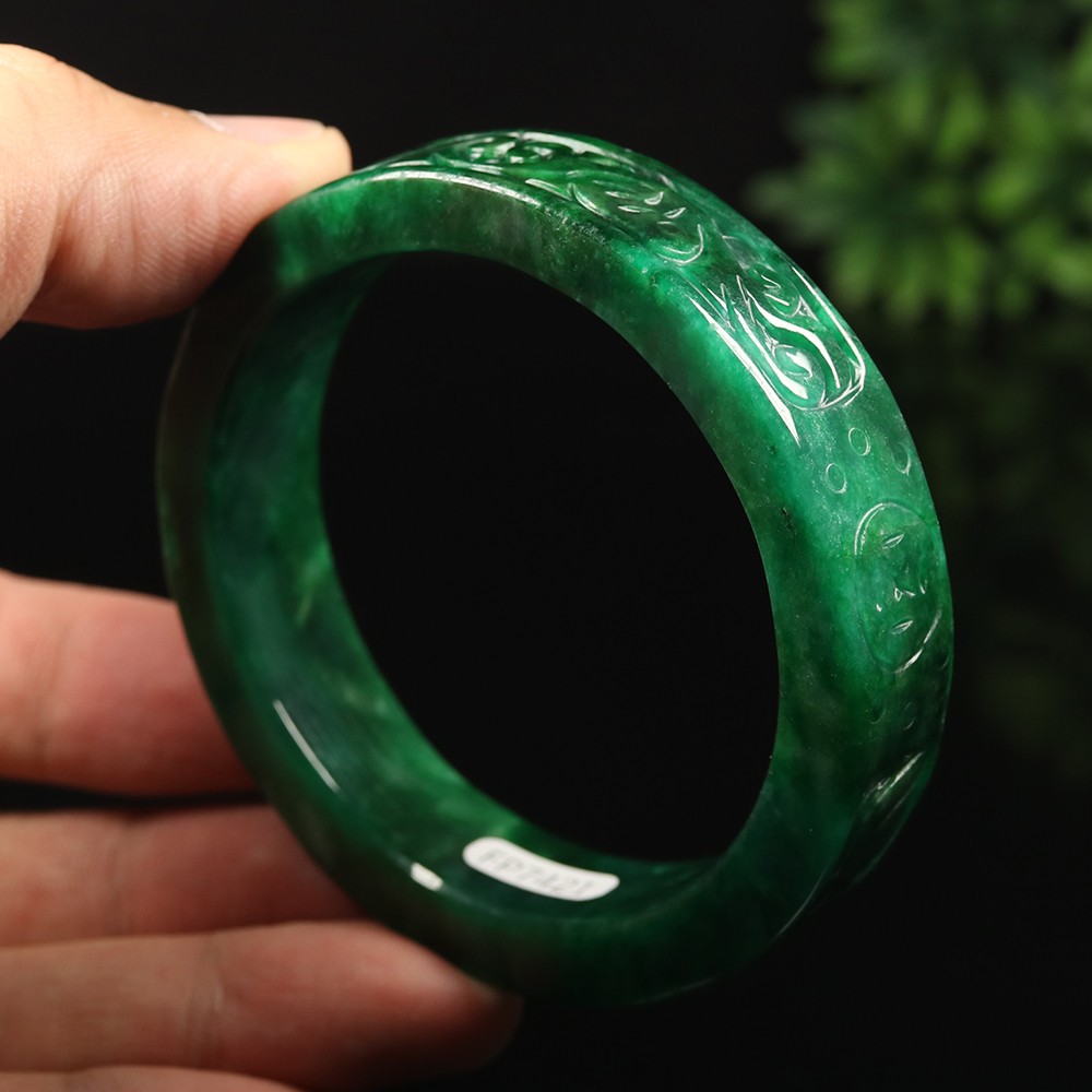 59mm Emerald Green Jadeite Jade Bangle Bracelet Ruyi Coin Burma Jade A-14895