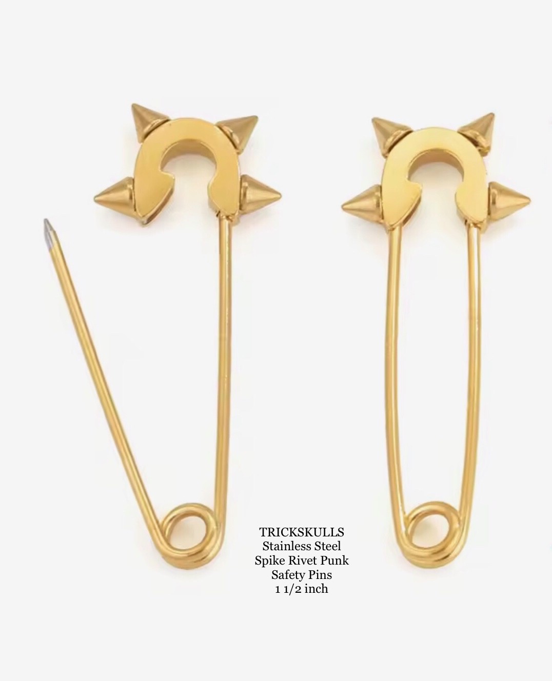 (2) Punk Rivet Spikes Stainless Steel Safety Pins Gold 1 1/2 inch Spiked Retro