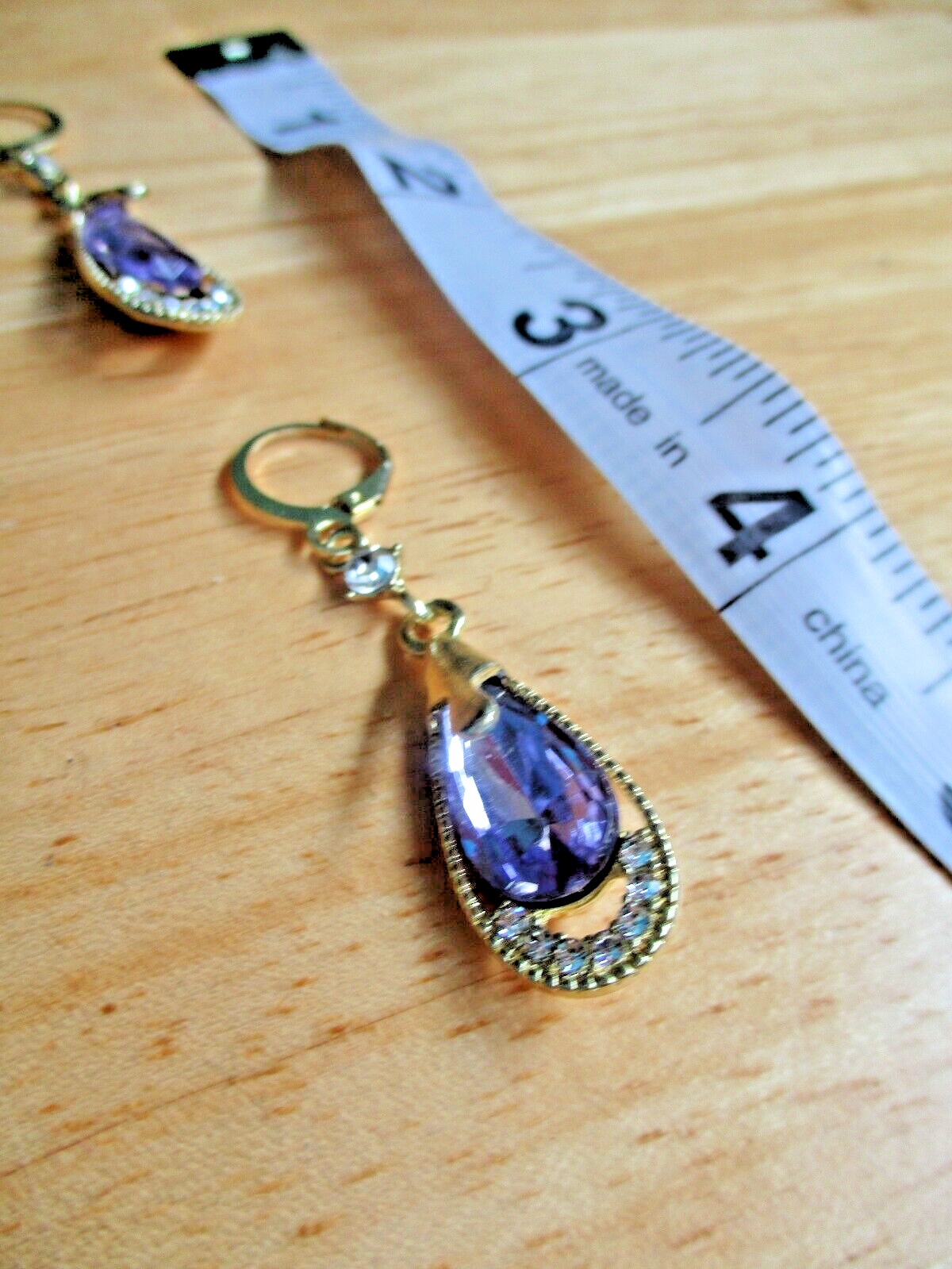 Purple Crystal Droplet Shaped Earrings, 18K Gold Plated