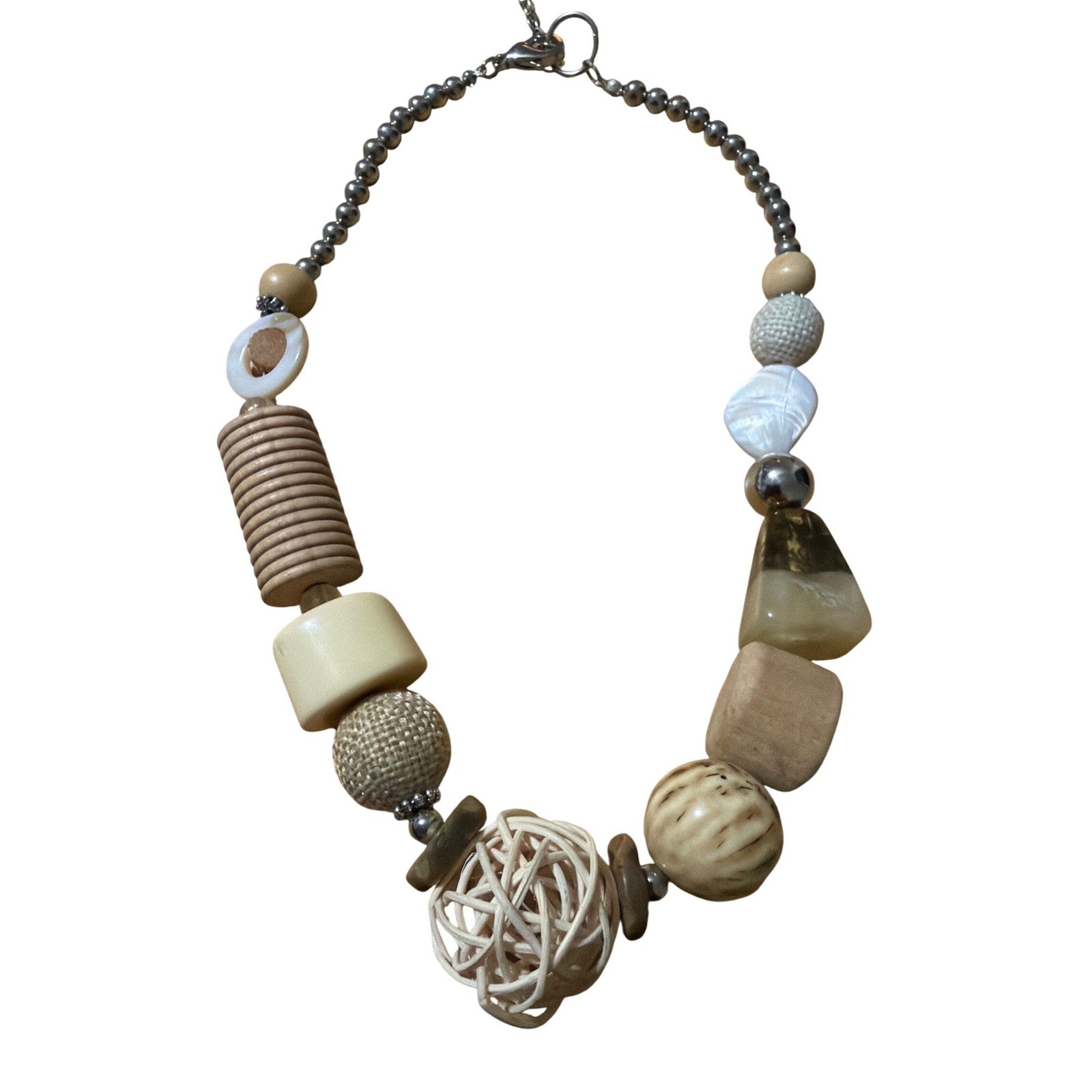 Mixed Media Chunky Statement Necklace Wood Rattan Fabric Shell Neutral Earthy