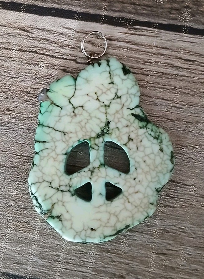 Vintage Turquoise Pendant Peace Sign 2″ Cut And Polished Stone