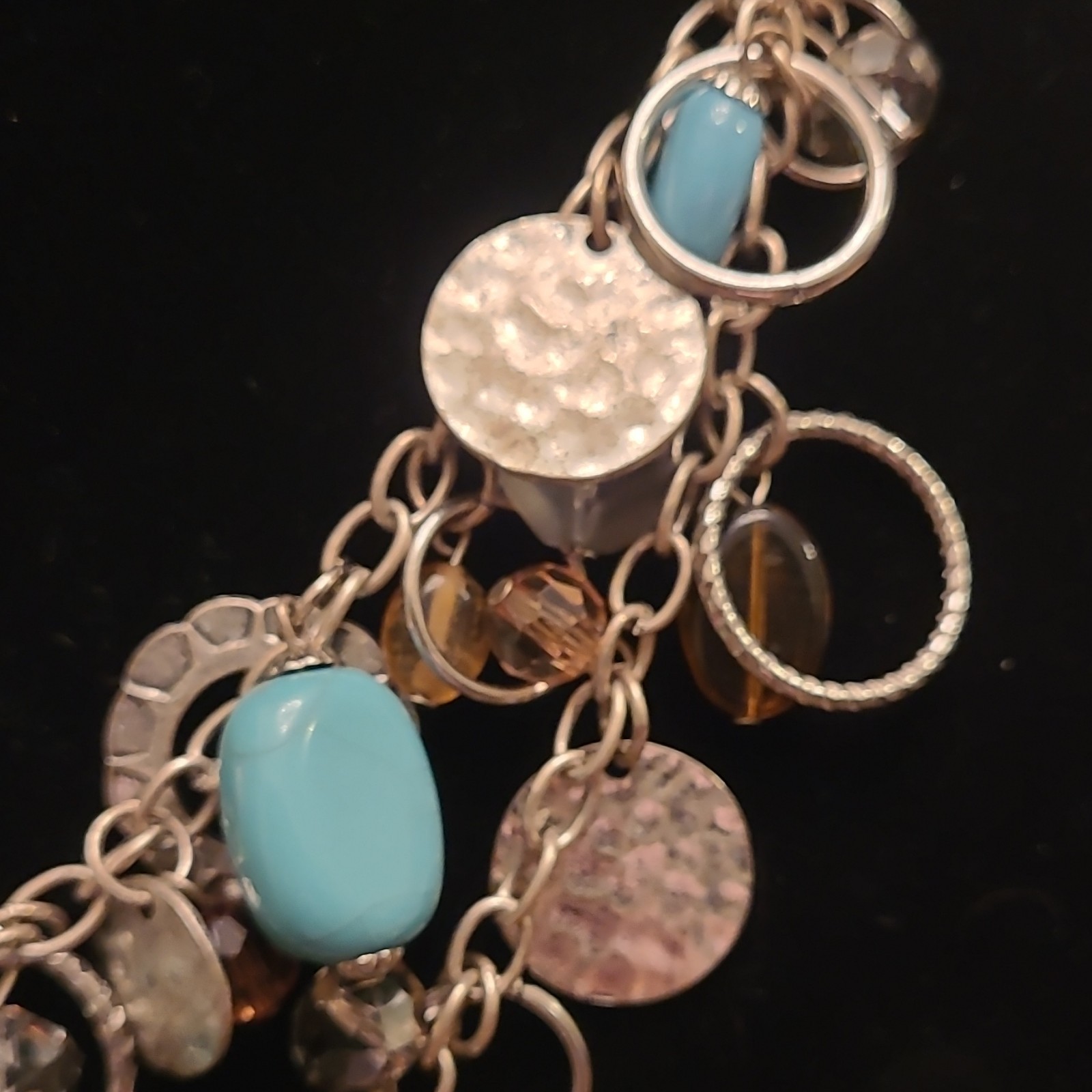 Premier Silver Tone Oval Link Chain Boho Blue Glass Stone Necklace Adj Signed
