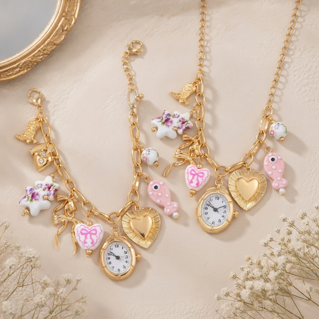 Pink Ceramic Gold Charm Necklace & Bracelet Set, Faux Watch Y2K Coquette Set