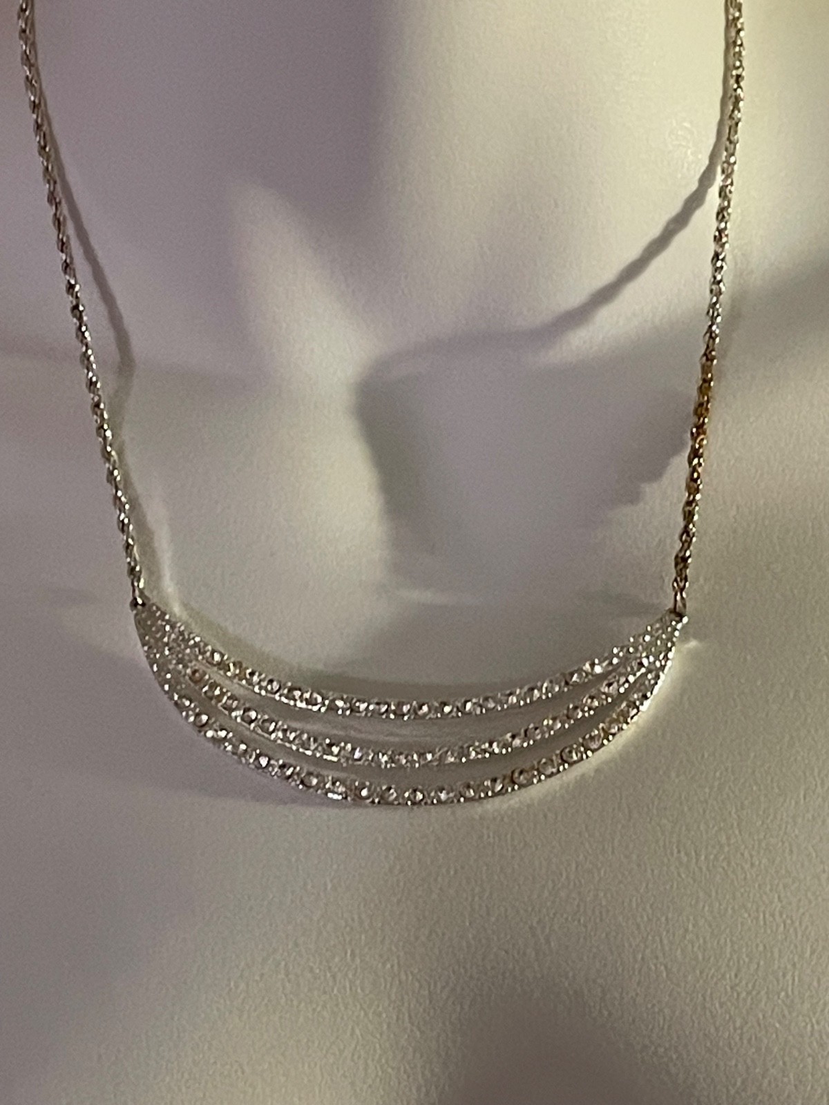 Elegant Station Necklace w/Three Scalloped Rows of Clear Crystal Rhinestones 18″