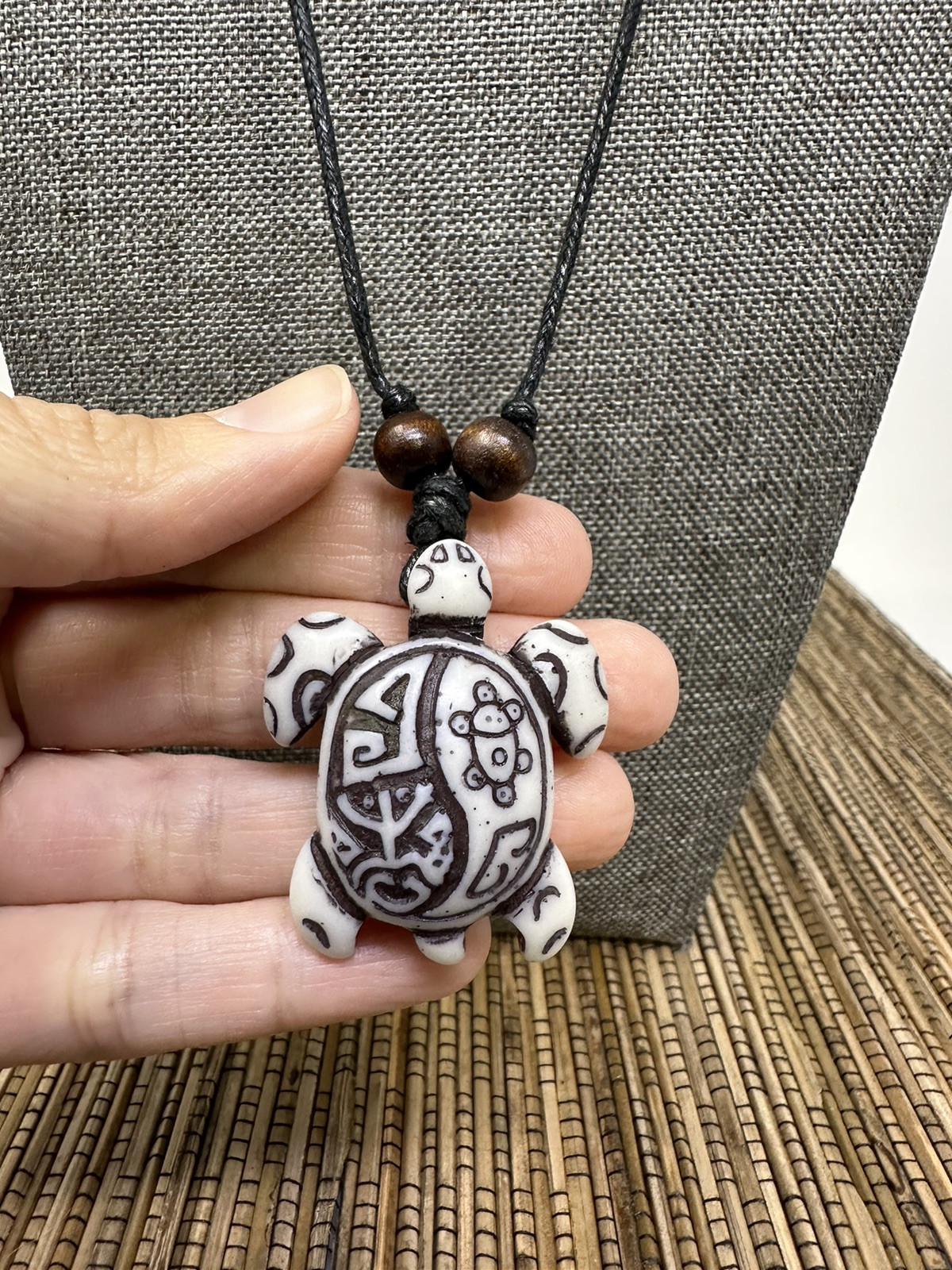 Handmade Turtle Pendant Necklace – Rasta (Hand-Painted), White, Brown – Taino