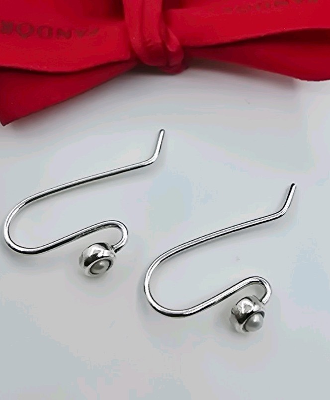 Authentic Pandora Silver Pearl Dangle Earring Hooks Wire Compose 290671P Retired