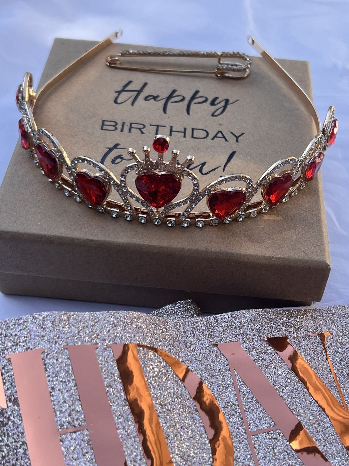 Birthday Bitch Party Set Tiara Sash & Rhinestone Pin Rose Gold Red Hearts