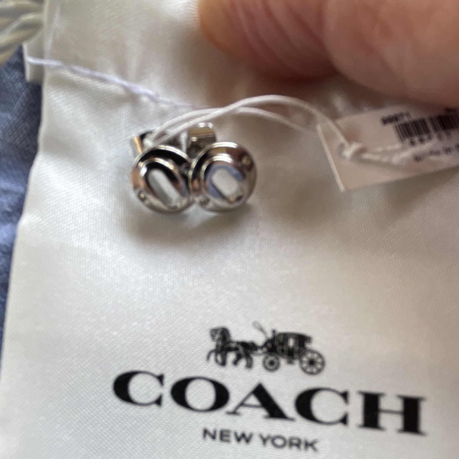 Coach Silver Tone C Logo Stud Earrings Butterfly Backs No Stone Pouch Tag