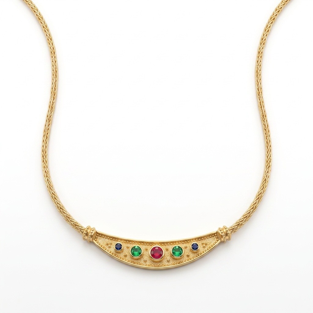 Byzantine Necklace, Gold Plated Curved Bar with Multicolor Gemstones