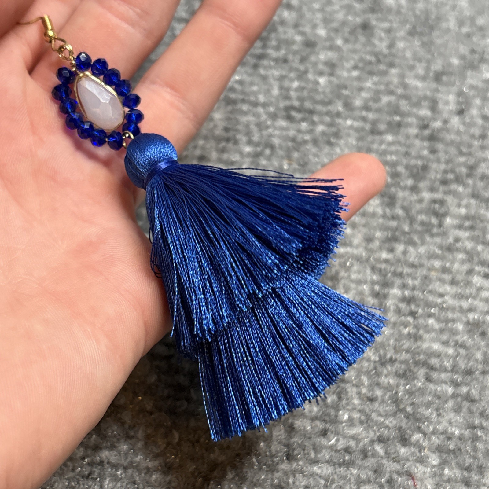 Blue Tassel Drop Earrings 4.5” Dark Navy Alloy White Stone Dangle Women