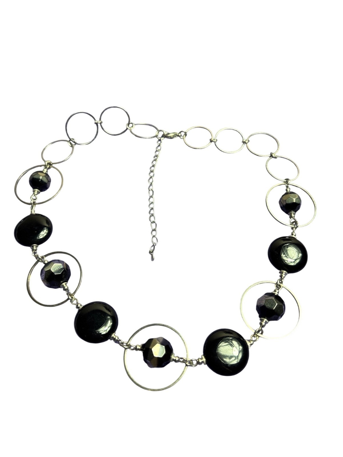 Silvertone Circle Chain Necklace Black Glass Beads 16- 19 inches Long
