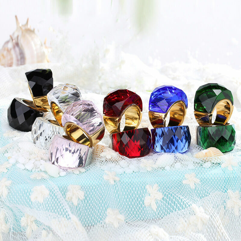 Popular Jewelry Large glass stone stainless steel Silver/Gold Ring US SIZE 6-9