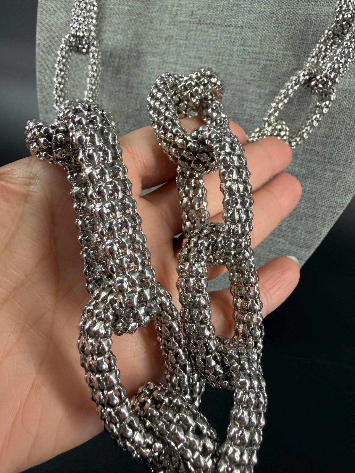 Silver Tone Mesh Chain Link Necklace Chunky Bold Statement 44″ 2010s