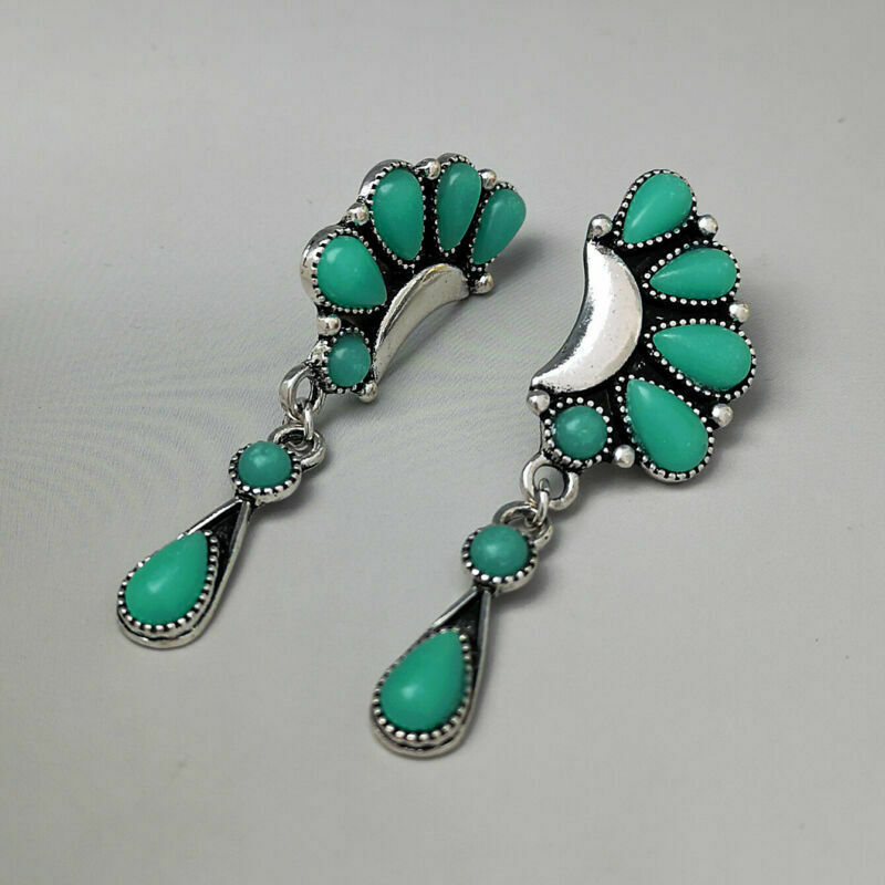 Vintage 925 Silver Turquoise Ear Hook Earrings Drop Dangle Women Wedding Jewelry
