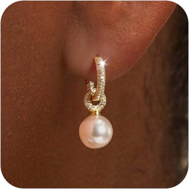 Drop Dangle Pearl Earrings for Women, Dainty 14K Gold Plated Pearl Hoop Earrings