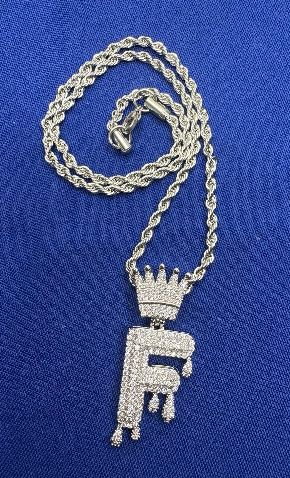 NEW 18” Stainless Steel Silver Rope Chain Necklace w/Crown Drip Letter F Pendant