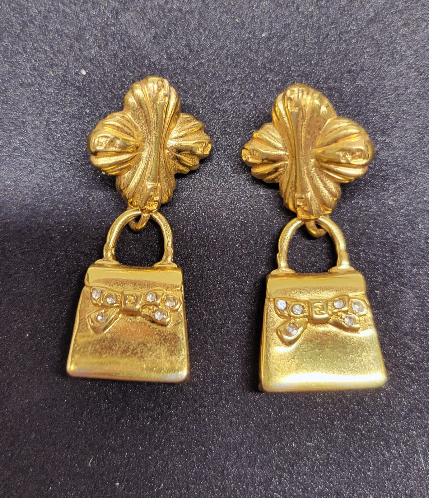 Vintage 1980’s Fendi Gold Plated Handbag Drop Earrings Clip-on / Signed