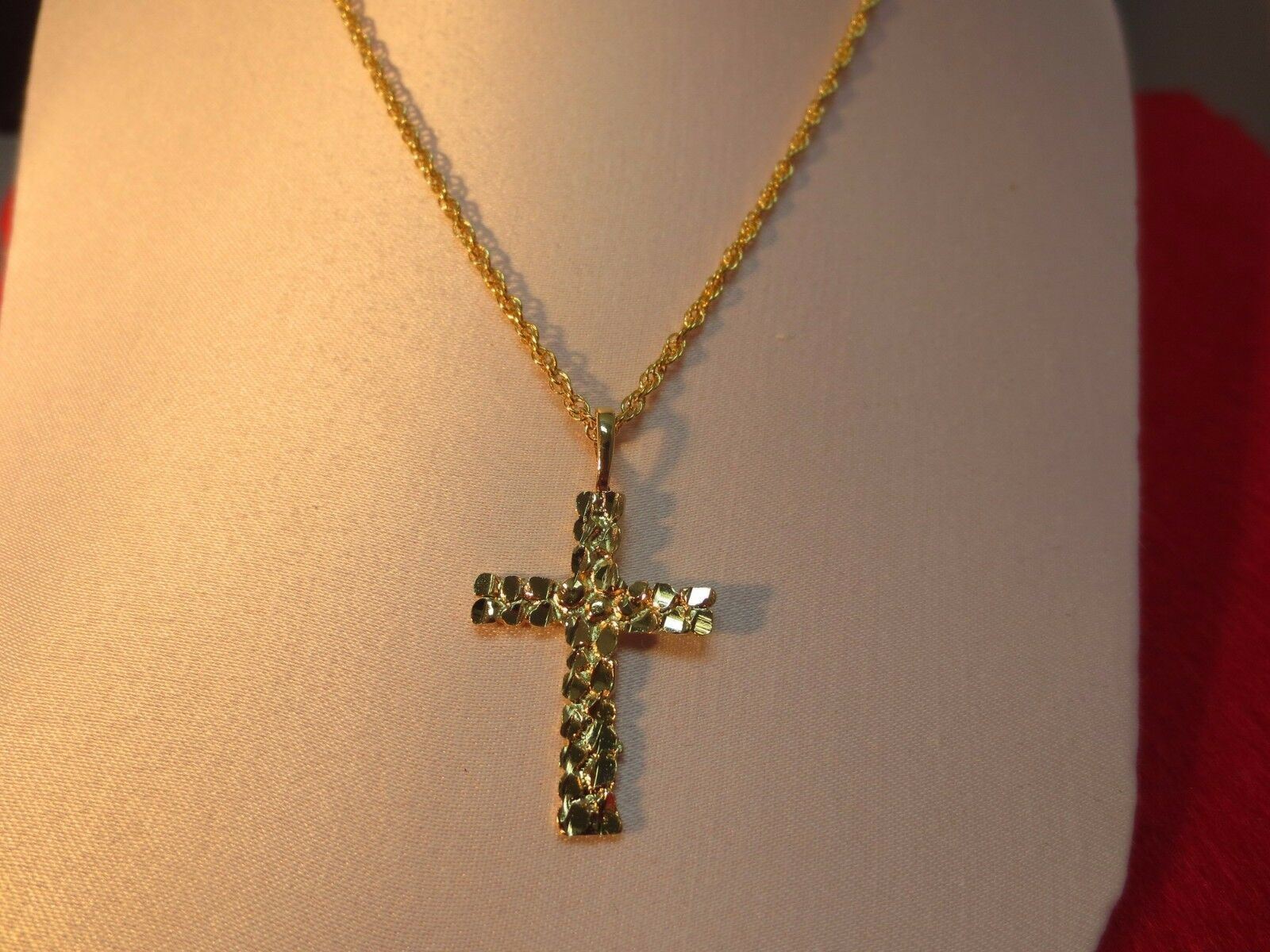 14 KT GOLD PLATED NUGGET CROSS CHARM W/ 16-30″ 14kt GOLD EP ROPE CHAIN -2042