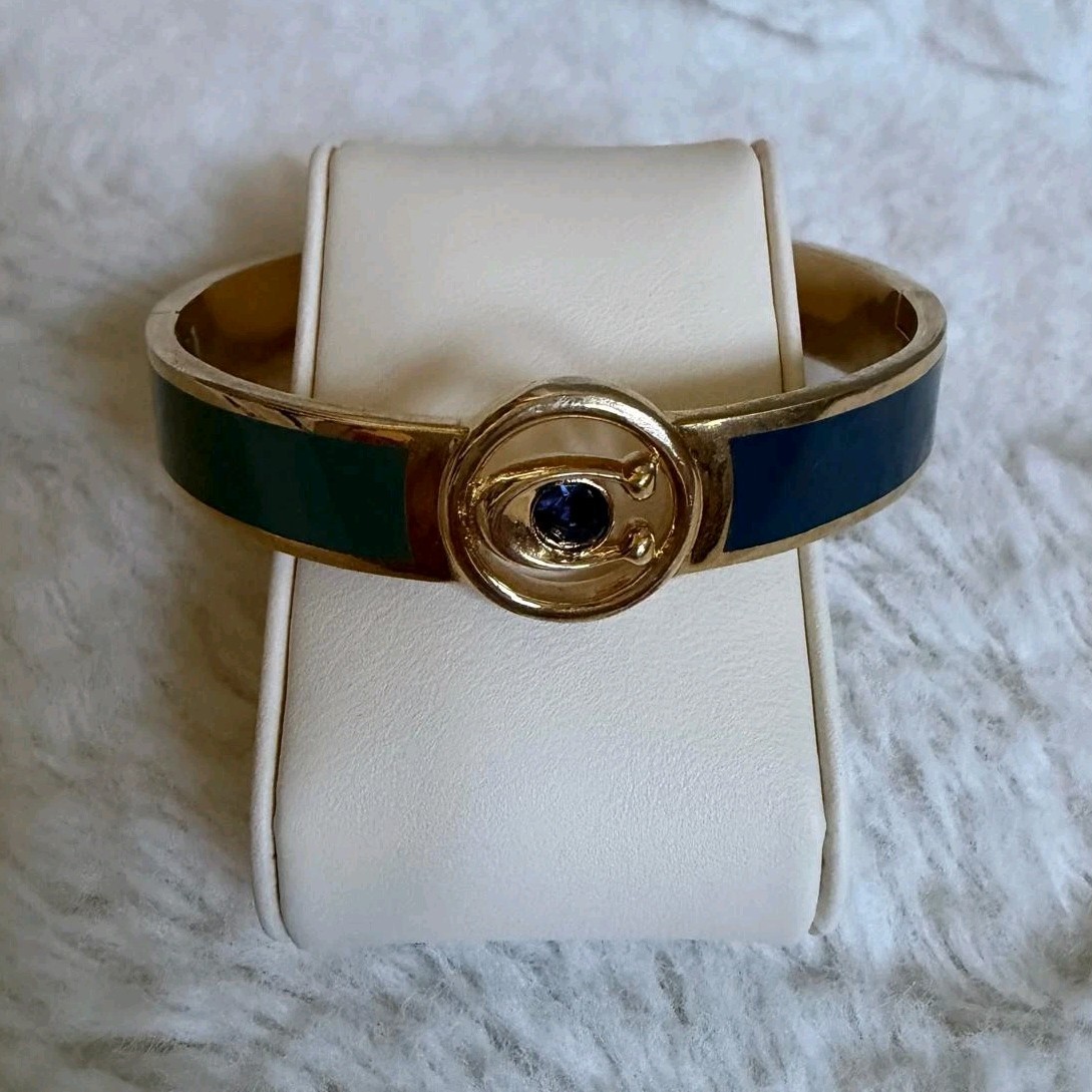 Coach Blue & Green Enamel Bangle Bracelet w/ Round Blue Bezel Stone