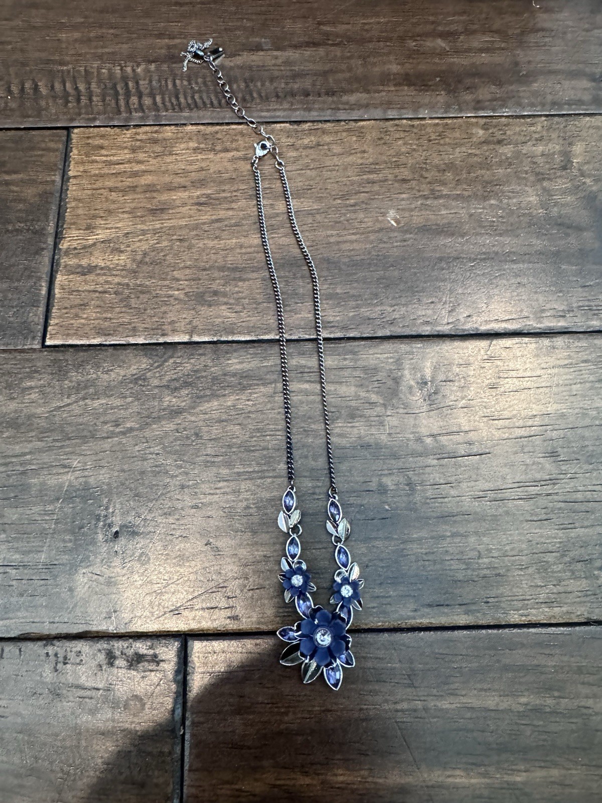 Blue Flower Enamel Charm Pendant Necklace Crystal Accents Silver Tone Adjustable