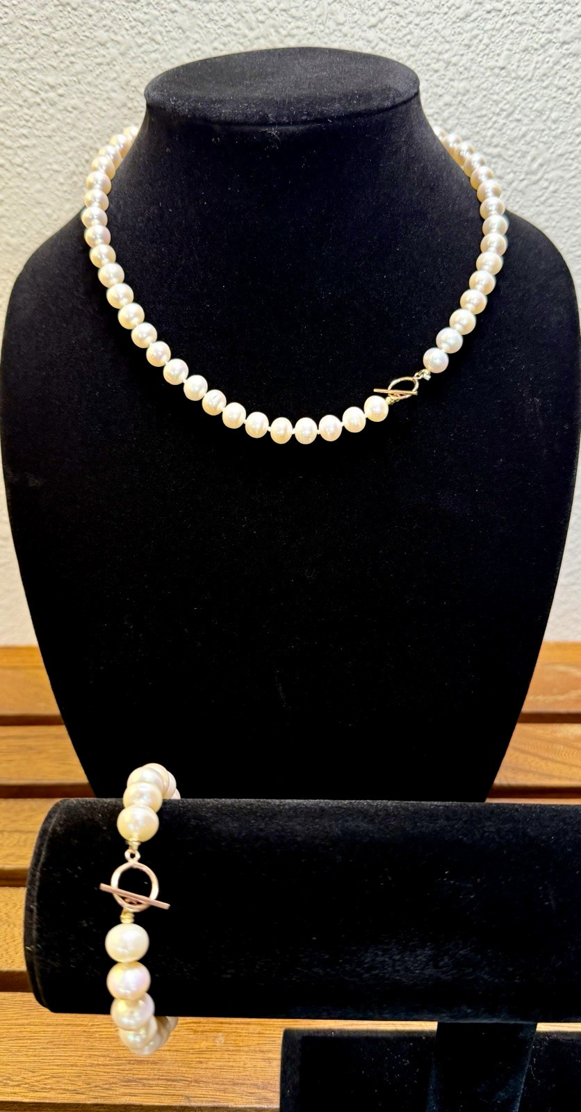 Natural Pearl Necklace 18in/Bracelet 7.5in Set, Rose Gold Toggle Clasp