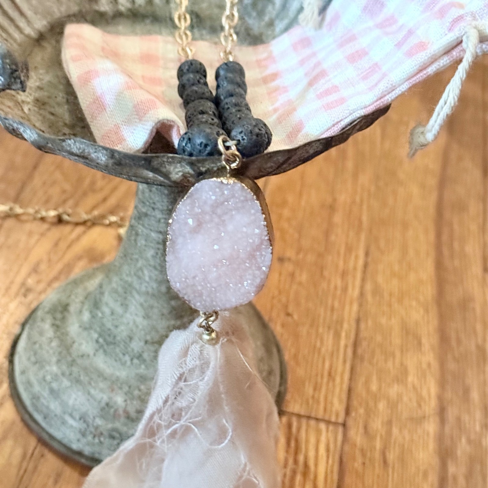 Boho Rose Quartz & Black Lava Rock Beaded Statement Necklace with Silk Tassel