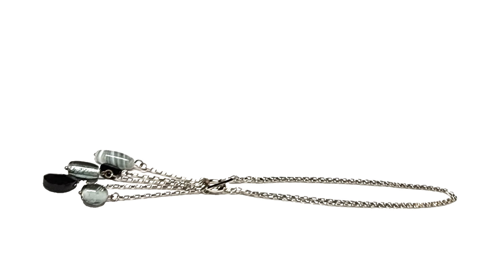 Black Gray Silver Tone Art Glass Bead Tassel Pendant Necklace 14″ Choker GUC
