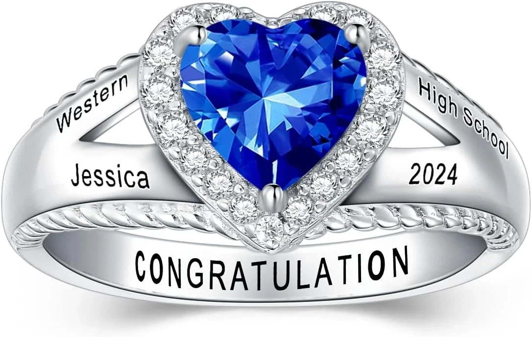 Women Custom Heart Gemstone For University High School Class Ring In 925 Silver