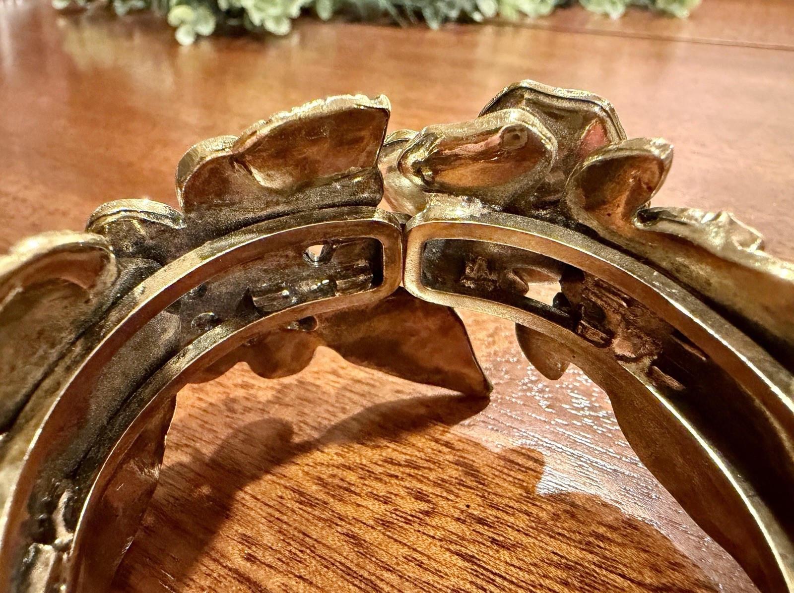 Vintage Floral Hinged Bracelet Statement Clamper Enamel Flowers Faux Pearls