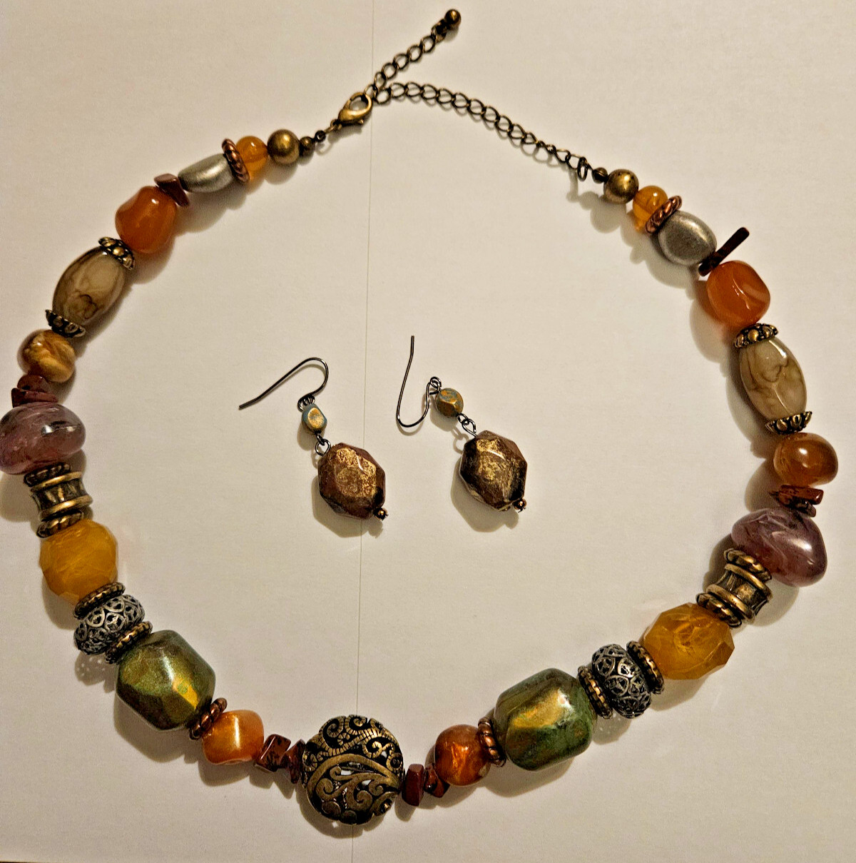 Beaded Metal Alloy Mixed Media Vtg Necklace Matching Earrings in Treska Style