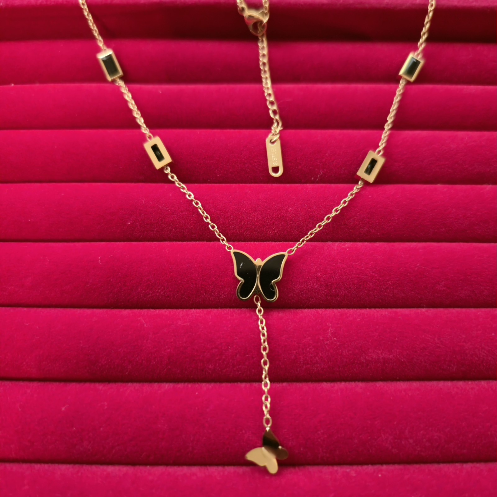 18K Gold Plated Black Butterfly Pendant Necklace – Women Jewelry B003