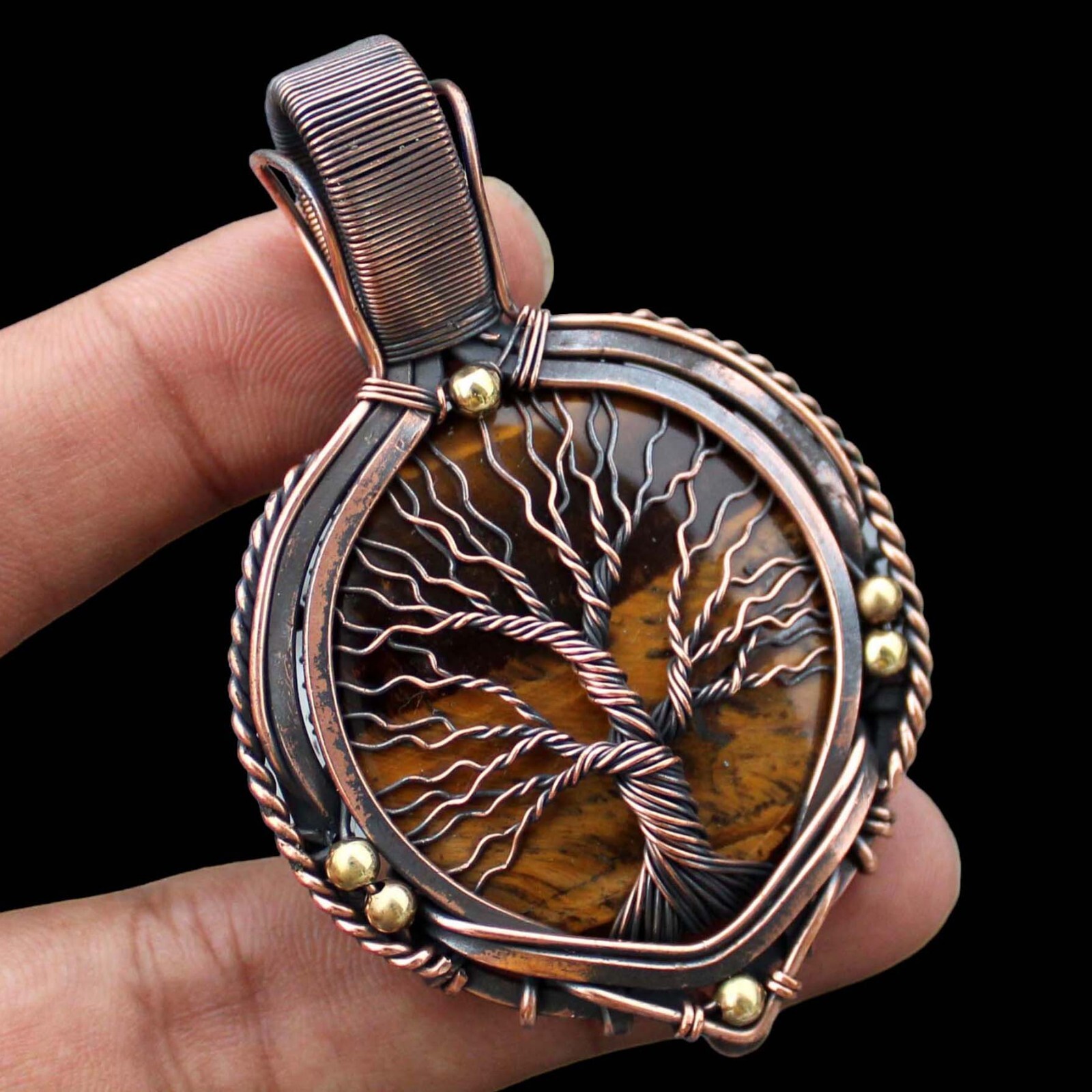 Tree Of Life Tigers Eye Pendant Copper Wire Wrapped Handmade Pendant With Chain
