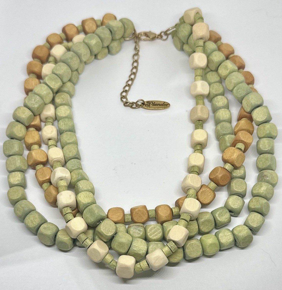 Plunder Design Wood Bead Necklace Four Strand Multi Colored Green Cream Brown