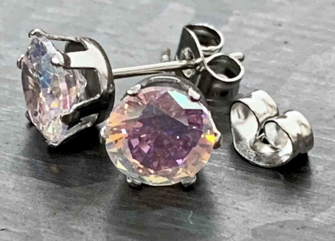 PAIR Hypoallergenic Earrings Prong Set Aurora Borealis Gems 316L Surgical Steel