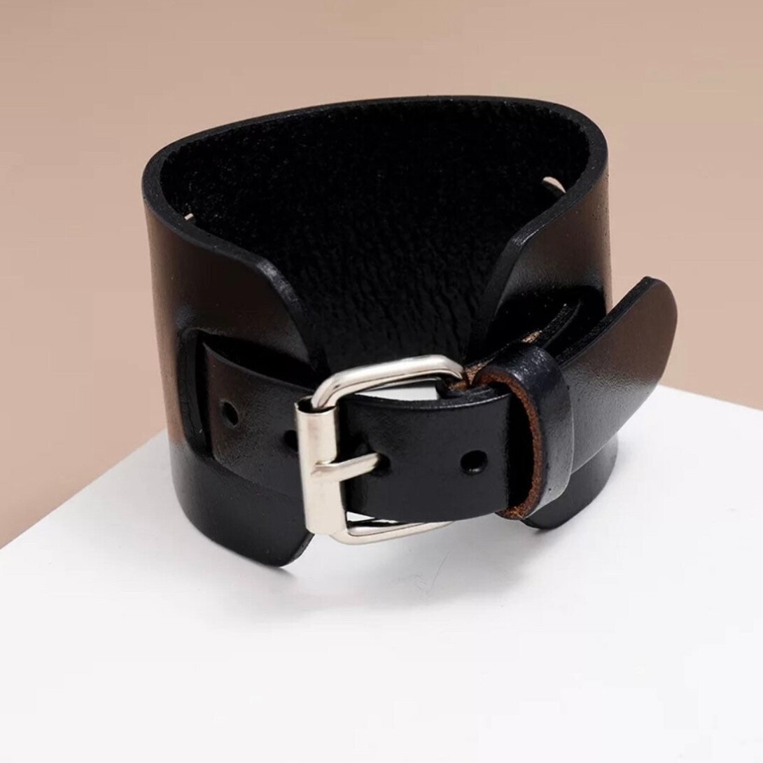 Wide Smooth Wrap Layer Leather Punk Bangle Watch Bracelet in Black or Brown
