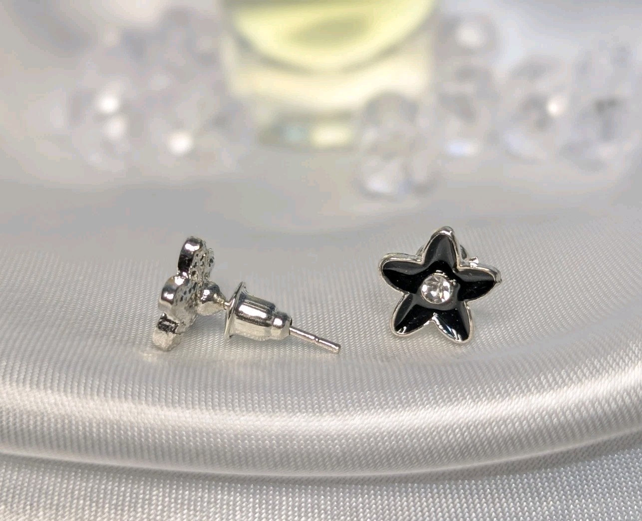 NEW Earrings Black Flower With Clear Rhinestone Sterling Silver Studs Earrings