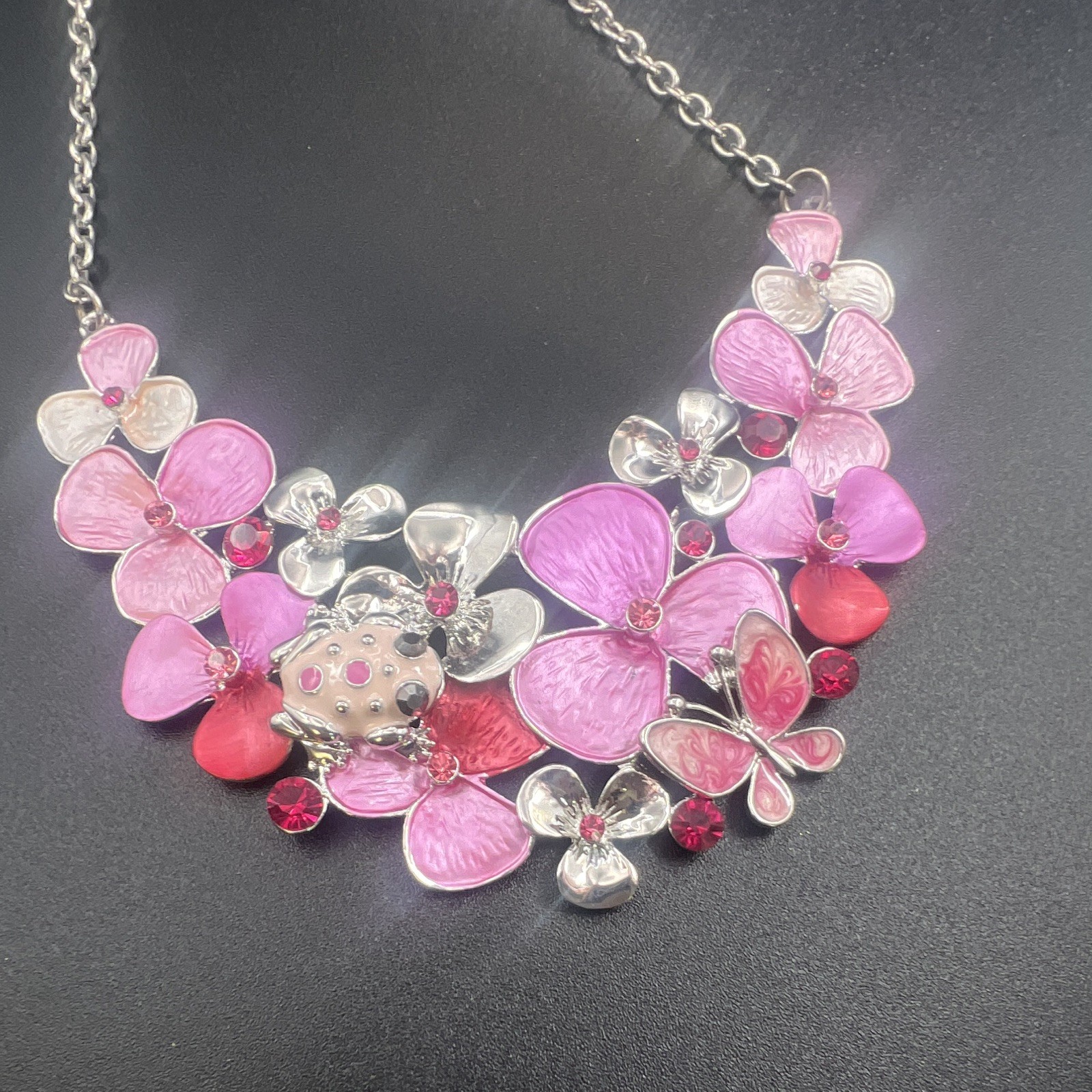 Pink Enamel Floral Frog & Butterfly Statement Necklace, Crystal, Silver Tone