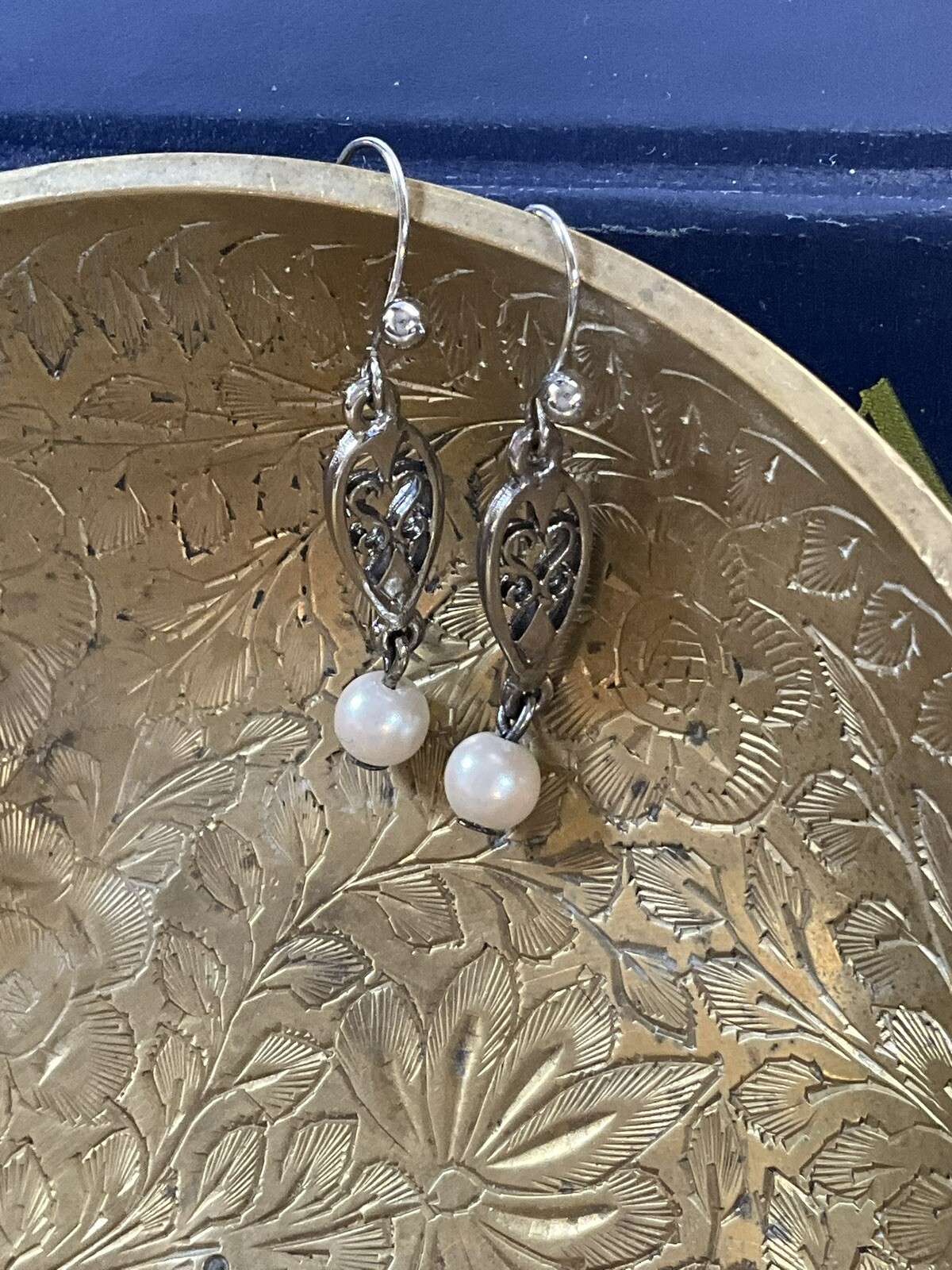 Art Nouveau/Art Deco Dangle Earrings Drop Faux Pearl Silver Bridal Openwork