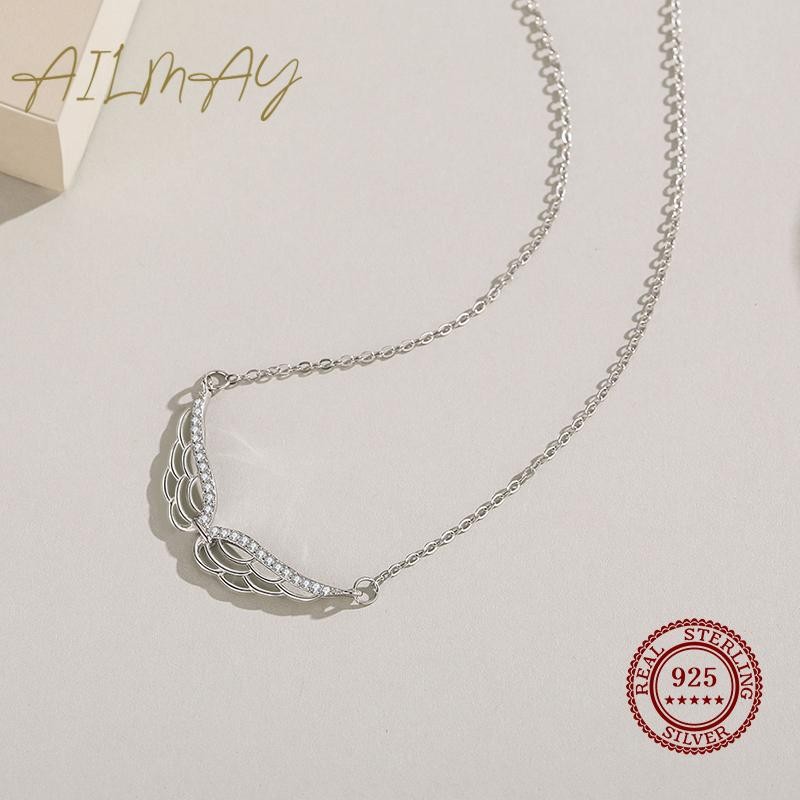 Ailmay 925 Silver Angel Wings Pendant Necklace CZ Classic Women Jewelry