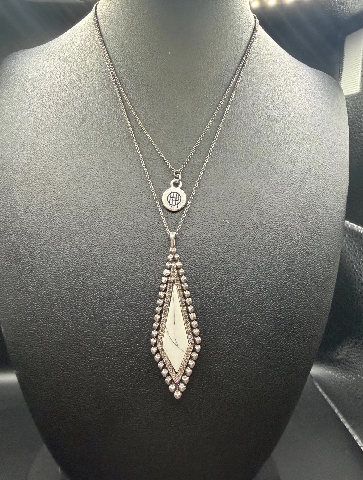 House of Harlow 1960 Geometric Pendant Necklace | White Inlay, Crystal Accents