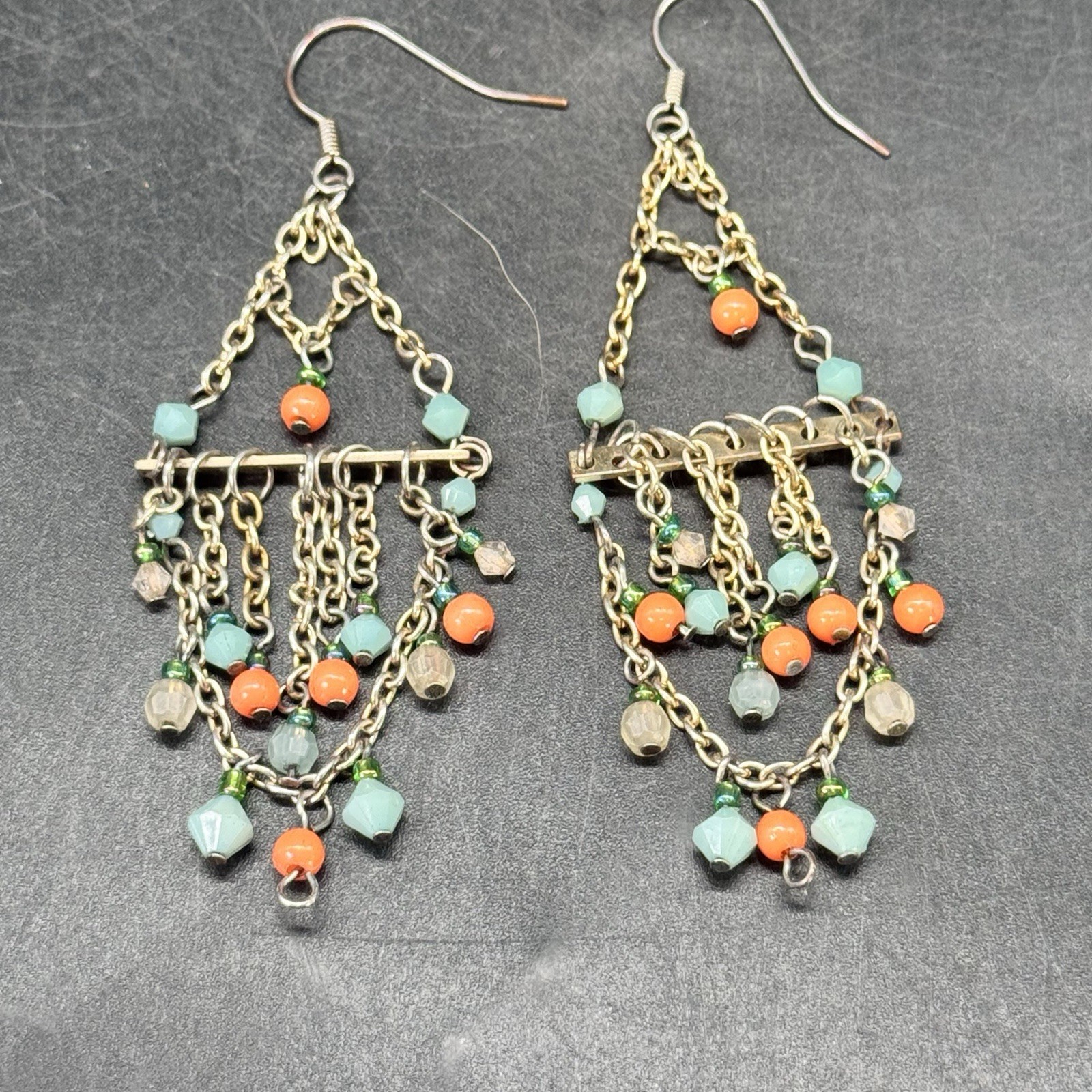 Boho Chandelier Hook Earrings Ornate Glassy Beaded Cascade Costume Jewelry