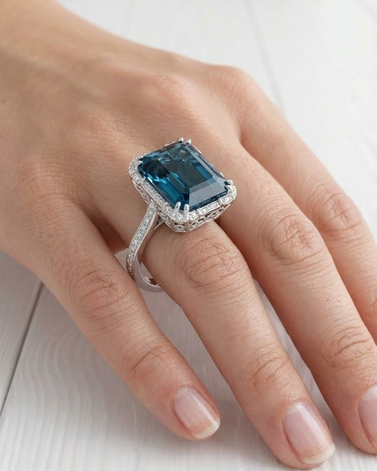 natuaral sky topaz Halo Ring for women Silver Tone Engagement Wedding Jewelry