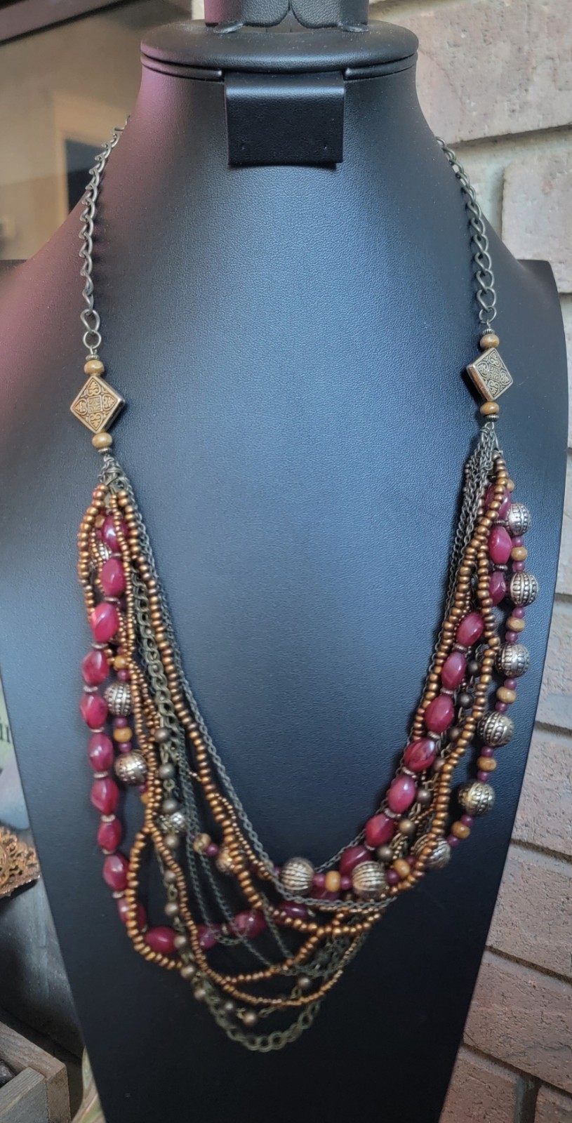 Multistrand Mixed Materials Statment Beaded And Chain Necklace
