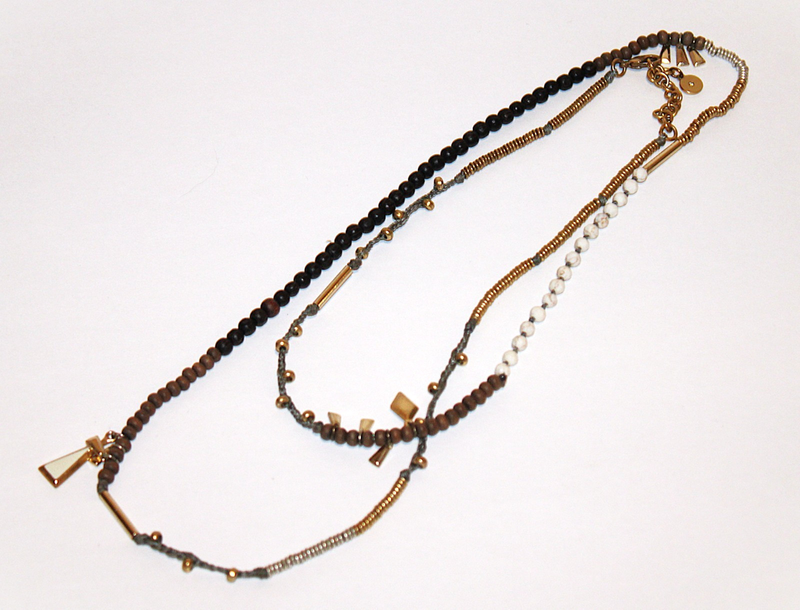 Stella & Dot 33″ Necklace Boho Multi-Element Cotton, Wood, Metal, Stone Beads
